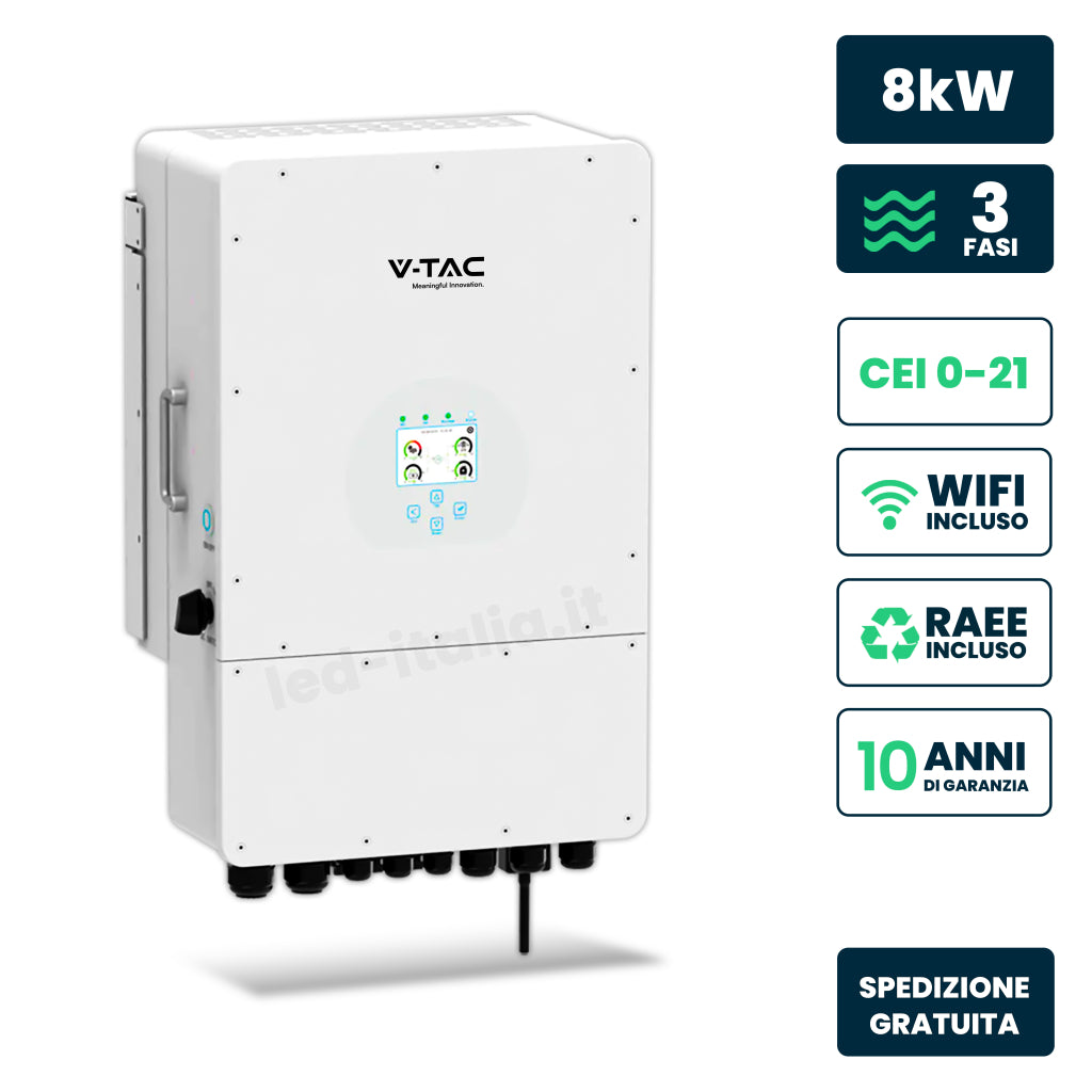 V-TAC Inverter Fotovoltaico Deye Trifase Ibrido On-Grid/Off-Grid 8kW, Doppio MPPT, CEI 0-21, Schermo LCD Touch, WiFi e TA Inclusi, Garanzia 10 Anni IP65