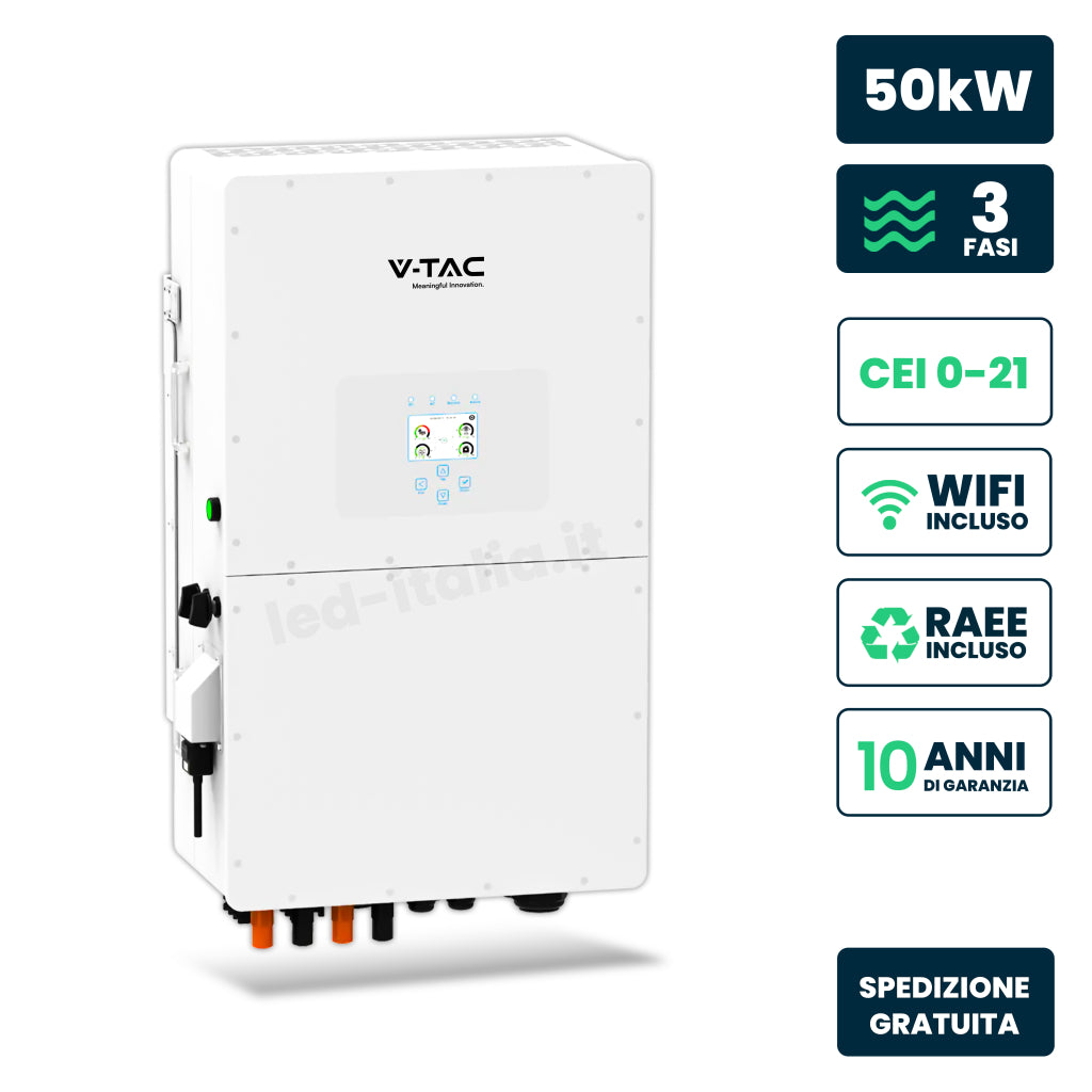 V-TAC Inverter Fotovoltaico Alta Tensione Deye Trifase Ibrido On-Grid/Off-Grid 50kW, Quadruplo MPPT, CEI 0-21, Schermo LCD Touch, WiFi e TA Inclusi, Garanzia 10 Anni IP65