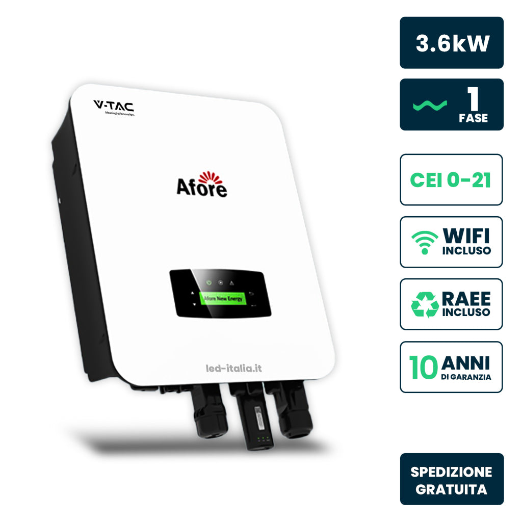 V-TAC Inverter Fotovoltaico Afore Monofase Ibrido On-Grid/Off-Grid 3.6kW, Doppio MPPT, CEI 0-21, Schermo LCD, WiFi e Meter TA Inclusi, Garanzia 10 Anni IP65