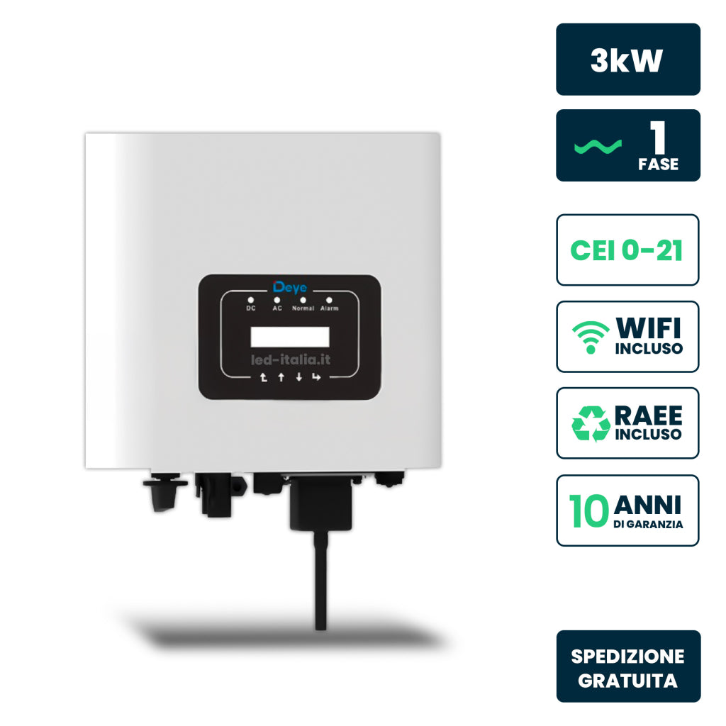 V-TAC Inverter Fotovoltaico di Rete On-Grid Deye Monofase 3kW, Singolo MPPT, CEI 0-21, Schermo LCD, WiFi Incluso, Garanzia 10 Anni IP65