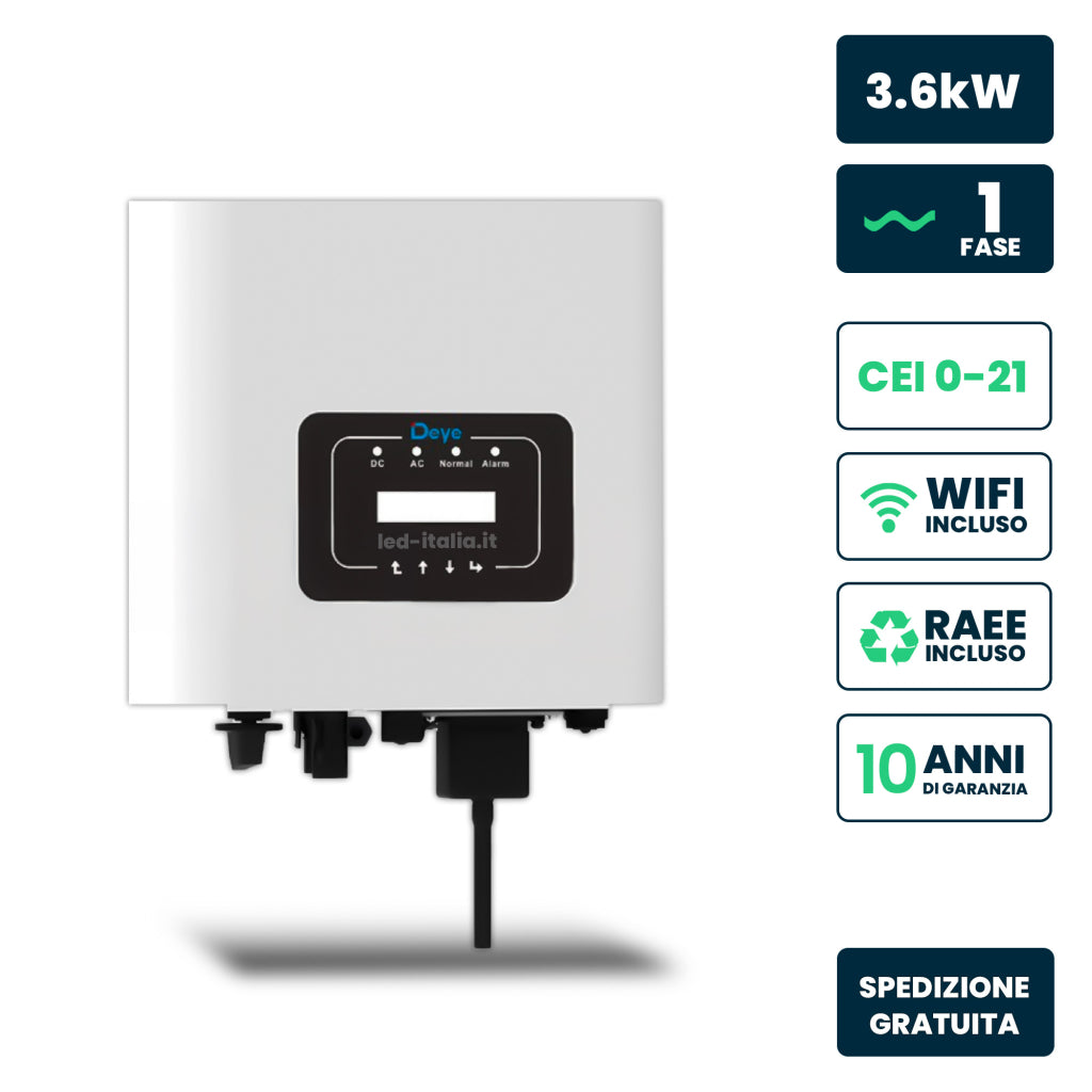 V-TAC Inverter Fotovoltaico di Rete On-Grid Deye Monofase 3.6kW, Singolo MPPT, CEI 0-21, Schermo LCD, WiFi Incluso, Garanzia 10 Anni IP65