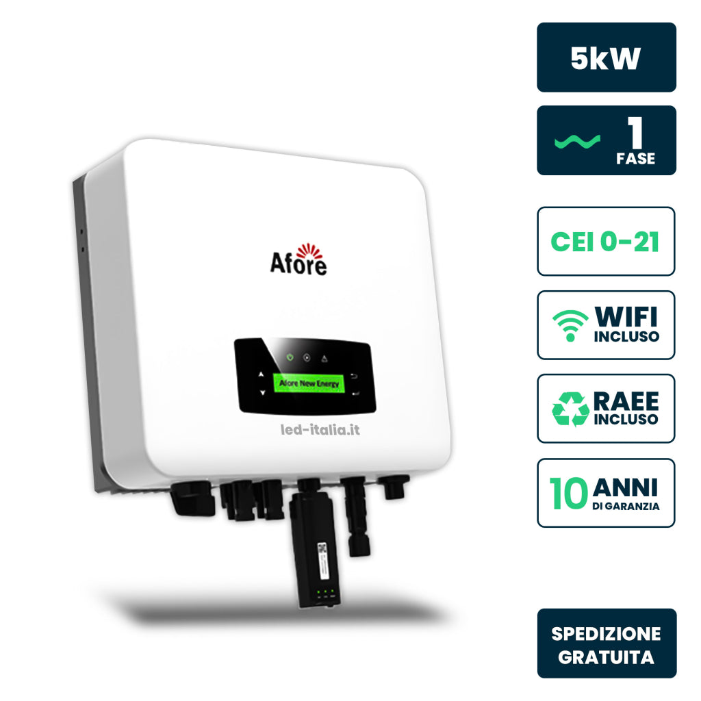 V-TAC Afore Single Phase 5kW On-Grid Photovoltaic Inverter, Double MPPT, CEI 0-21, WiFi Included, 10 Year Warranty IP65