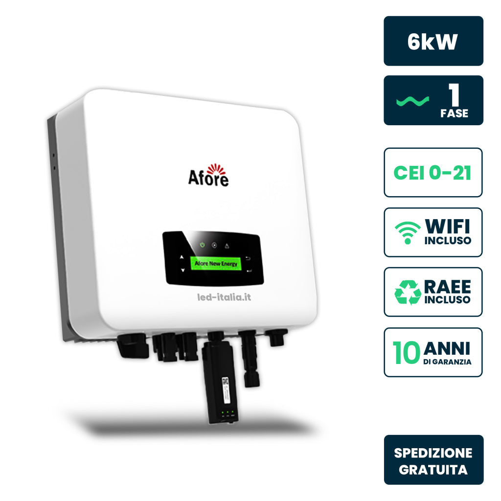 V-TAC Inverter Fotovoltaico di Rete On-Grid Afore Monofase 6kW, Doppio MPPT, CEI 0-21, WiFi Incluso, Garanzia 10 Anni IP65
