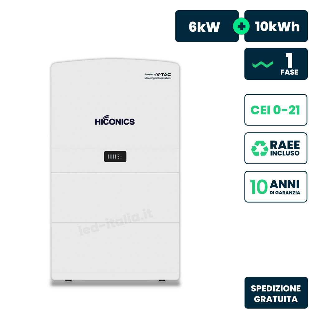 V-TAC Inverter Fotovoltaico Hiconics (Midea) Monofase Ibrido Alta Tensione 6kW All In One con Accumulo LFP 10kWh, 2 MPPT, CEI 0-21, WiFi Meter, Garanzia 10 Anni IP65
