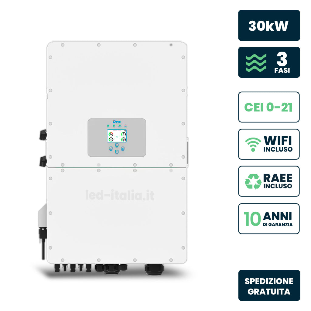 V-TAC Inverter Fotovoltaico Alta Tensione Deye Trifase Ibrido On-Grid/Off-Grid 30kW, Triplo MPPT, CEI 0-21, Schermo LCD Touch, WiFi e TA Inclusi, Garanzia 10 Anni IP65