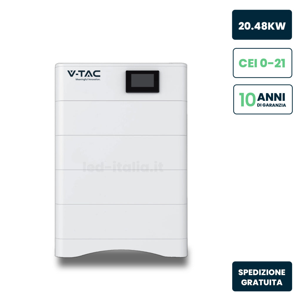 V-TAC Kit 4 Moduli di Accumulo Impilabili Alta Tensione 20.48kWh LiFePO4 100Ah 204.8V con Base e Box di Controllo BMS Inclusi, CEI 0-21 Garanzia 10 Anni IP65