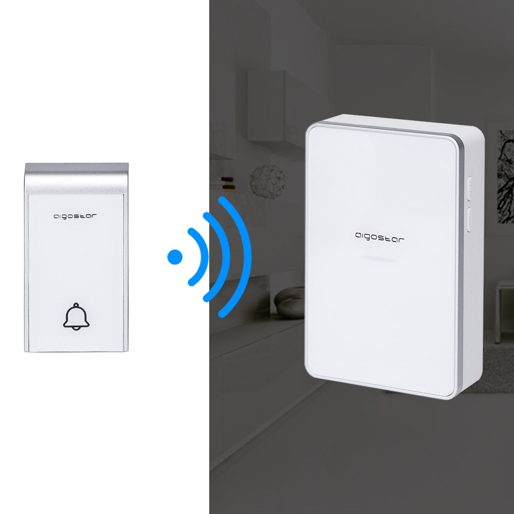 WIRELESS BATTERY DOORBELL WIRELESS DIGITAL IP44 DOORS HOME OFFICE DOOR 150M AIGOSTAR WHITE/SILVER