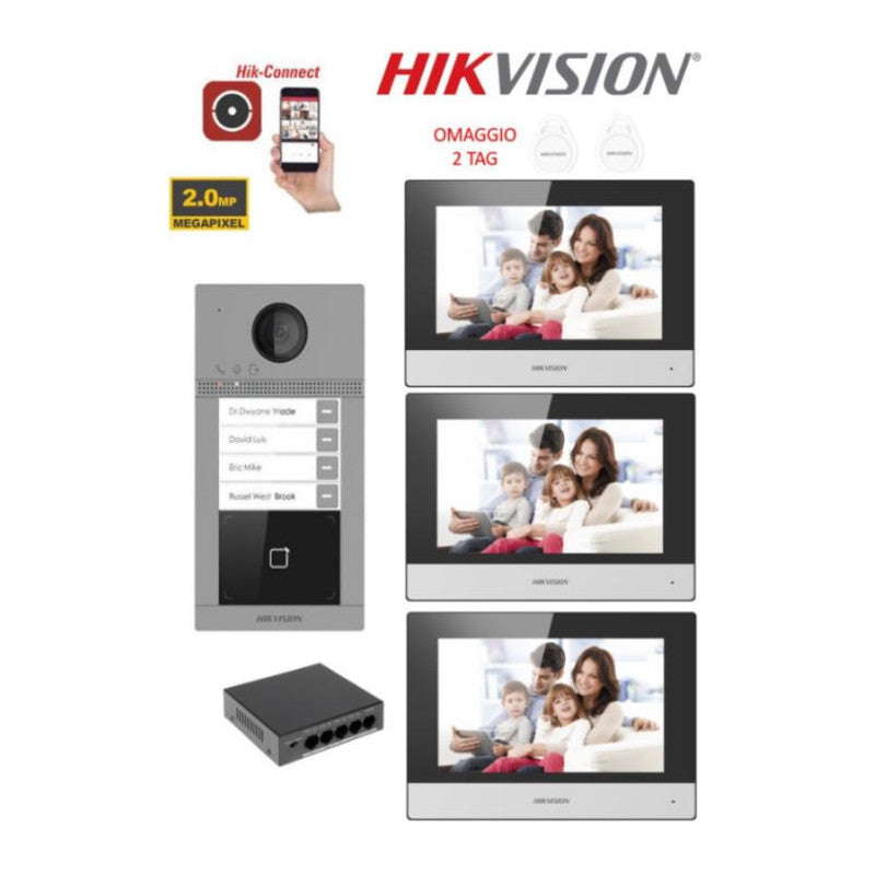 Hik Vision Video Intercom Kit Three-Family Villa 4 Knocks 3 Monitors IP Poe App