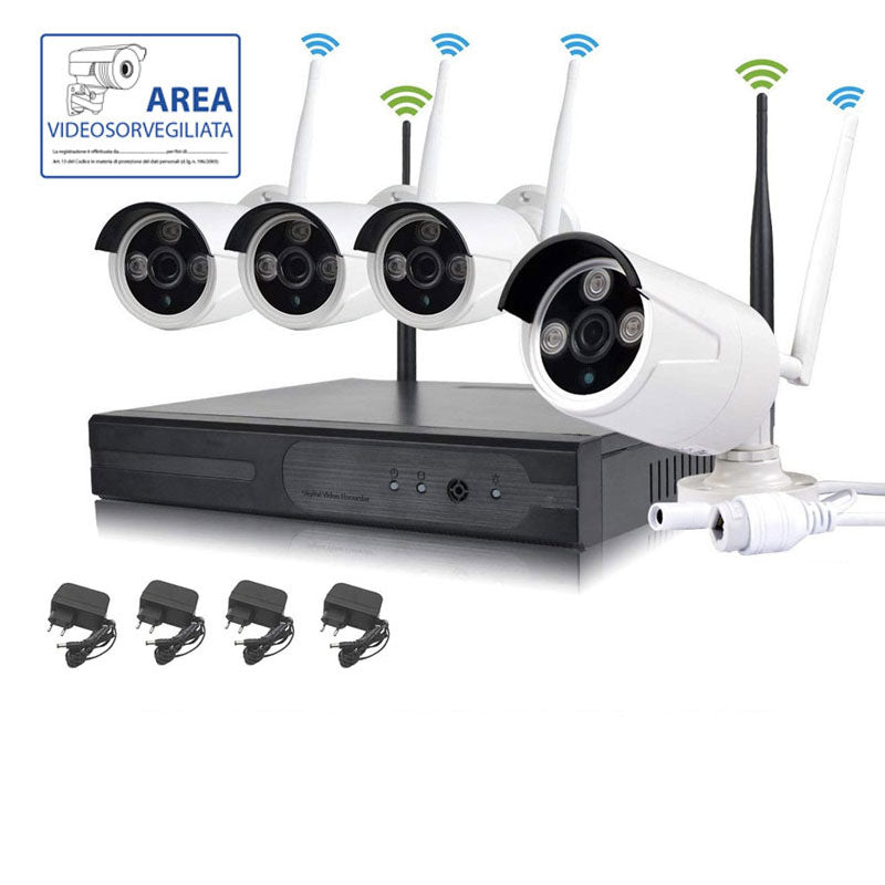 Kit Videosorveglianza Wireless Full Hd Ip 4 Telecamere 2 Mpx Wifi Da Remoto Senza Fili