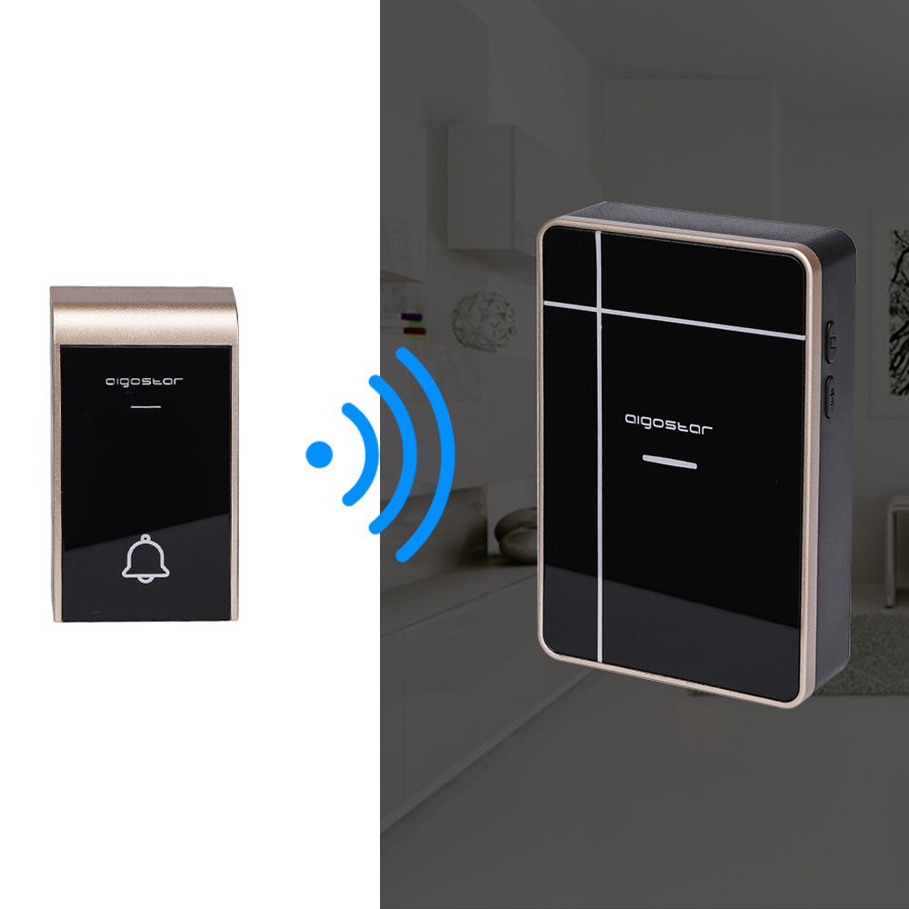 CAMPANELLO SENZA FILI A BATTERIE WIRELESS DIGITALE IP44 PORTE CASA UFFICIO PORTA 150M AIGOSTAR NERO/ORO 7988