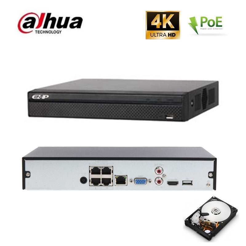Nvr 4 Canali Poe Dahua 8.0 Mpx Onvif Hard Disk 500 Gb